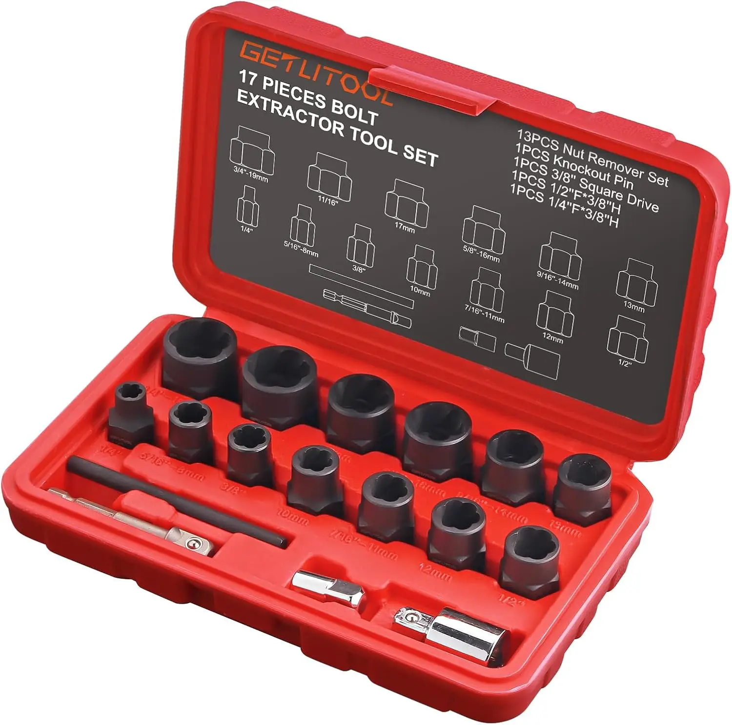 

Набор инструментов для удаления ударных болтов, 17 шт., набор для снятия ударных болтов и гаек 42CR-MO с футляром для хранения, гнездо для извлечения гаек с адаптером