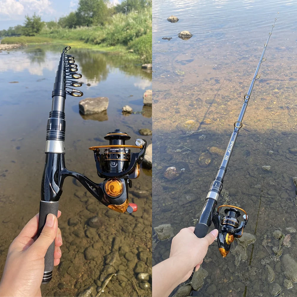 صنارة صيد دوارة تلسكوبية 1.5-2.4 متر و1000-4000 بكرة كومبو قضيب سفر صغير محمول لمياه البحر/المياه العذبة لصيد سمك الشبوط #6