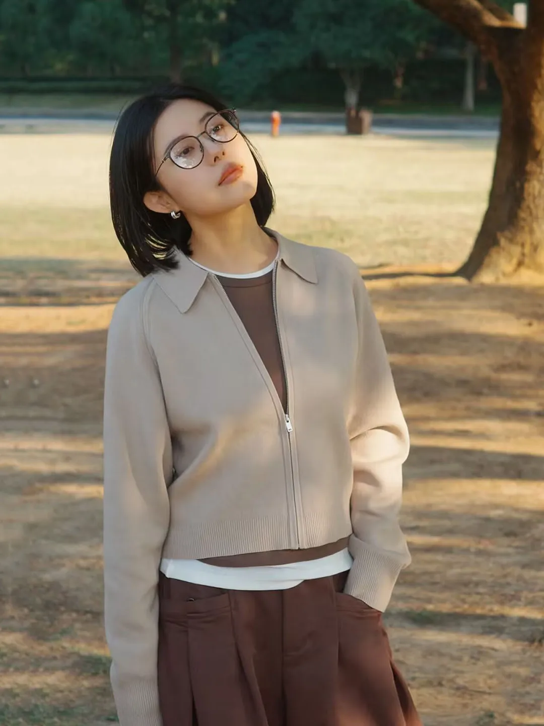 

New Arrival Women's Zipper Knitted Jaet Simple Sle ort Length Long Sve Turn-down Collar Casual Outerwear