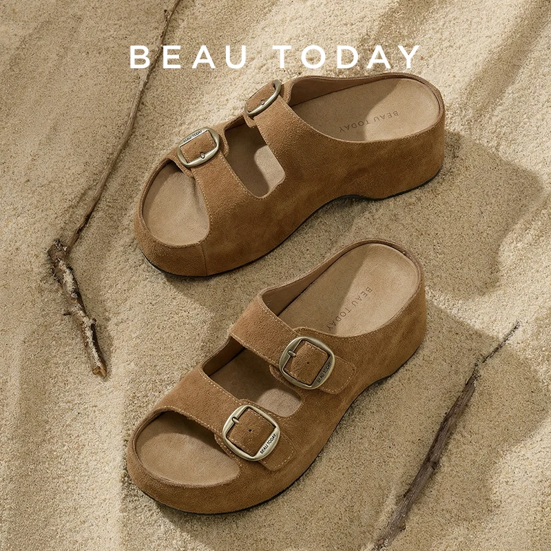 

BEAUTODAY Casual Sandals Women Cow Suede Solid Color Double Buckle Strap Thick Sole Slippers Ladies Shoes Handmade MS3D138
