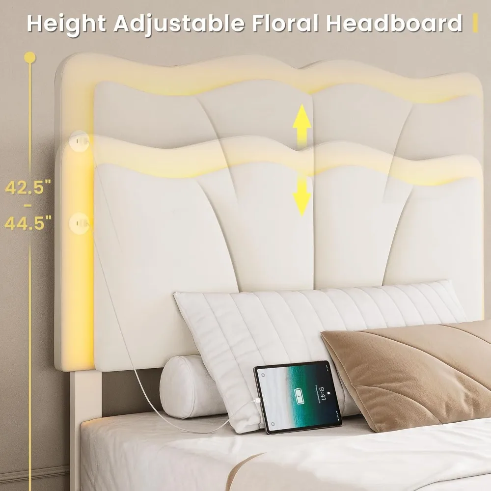 "إطار سرير مخملي بالحجم الكامل مع 4 أدراج تخزين، سرير بمنصة قابلة للتعديل مع إضاءة LED" #3