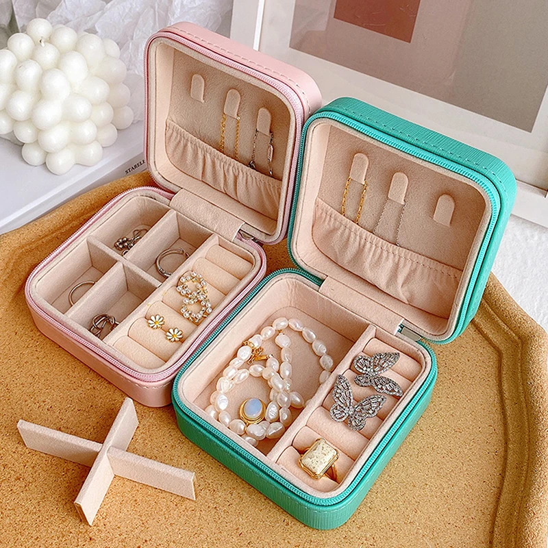 Mini Portable Jewelry Organizer Travel Jewelry Zipper Case Earrings Necklace Rings Flip Top Storage Case