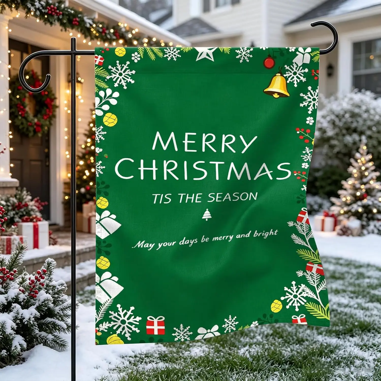 Merry Christmas Green Garden Flag 12×18 Inch Xmas bell Double Sided Flag yyi