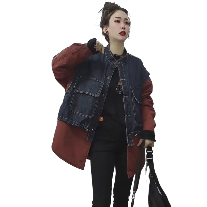 

Denim Splicing Fake Two-piece Cotton-padded Jacket Women's Autumn Winter New Loose Large Version Thin Medium Long Cotton Clothes