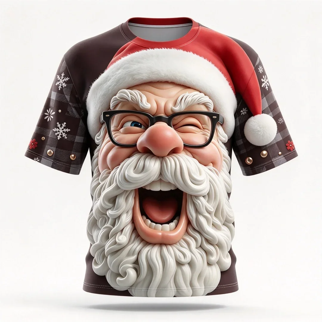 Fashion New Surprise Santa Face Graphic Tshirt for Men Xmas Snowflake Pattern Holiday Casual Tees Funny Graphic T Shirt Tops