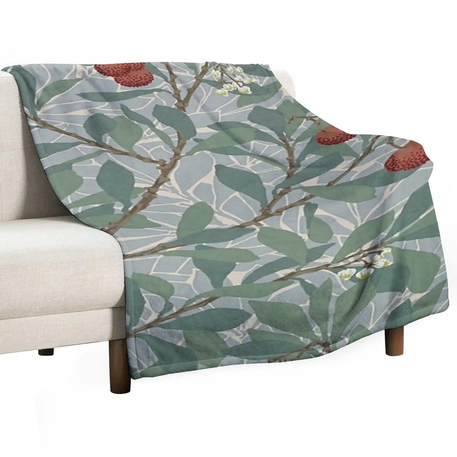 

William Morris Green And Red Arbutus Pattern-Vintage Botanical Leaves -Victorian Wallpaper, Throw Blanket Soft Nap Blankets