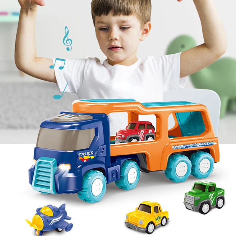 

Cartoon Friction Powered Double Layer Transport Truck Carrier Car Toy Set with Lights & Sounds Pink Toy for Boy and Girl