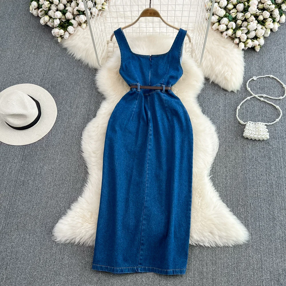 ssTss Denim Strap Dress 2024 Fashion Women Goddess Waist Slim Sleeveless Jeans Dress Ladies Side Slit A-line Vest Denim Dress