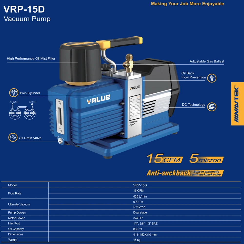 VALUE VRP-15D Air Conditioning Vacuum Pump 15CFM 15micron Anti-suckback Vacuum Pump for Refrigeration 2 Stages