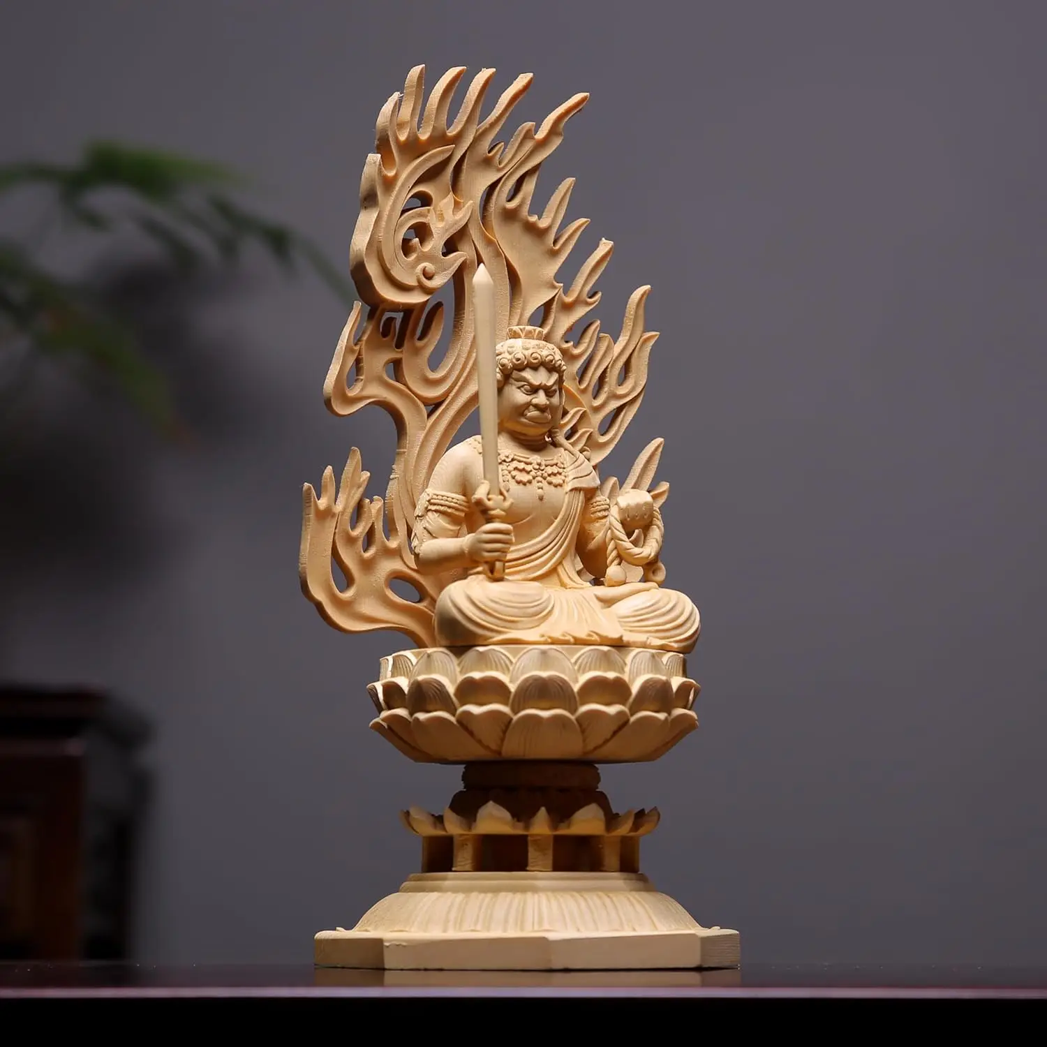 Hand Carved Wooden Fudo Myoo Acalanatha Statue Figurine - Wrathful Deity Sculpture Ornament Home Altar Temple Buddhist Decor