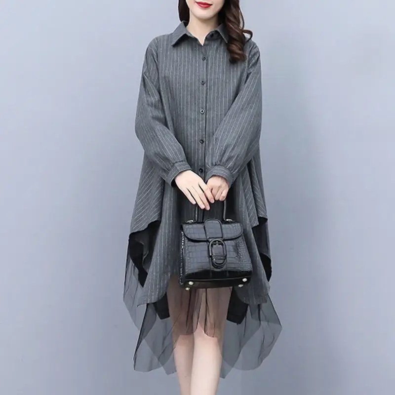 New Women Clothing Autumn Stylish Striped Print Mesh Patchwork Dresses Korean Elegant Long Sleeve Oversize Irregular Shirt Dress