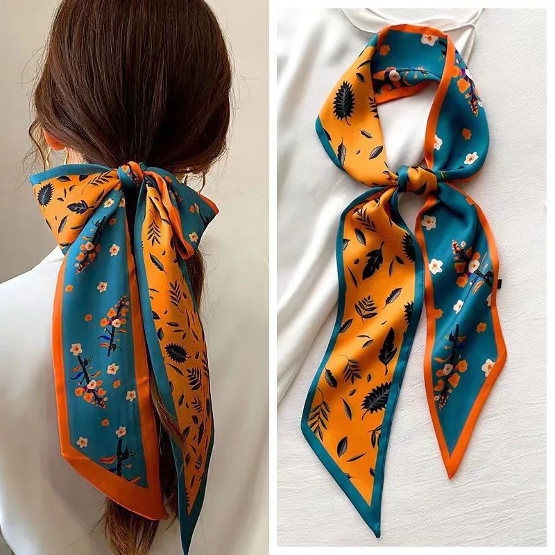 Foulard en ruban de cheveux imprimé à la mode pour femmes, cravate de cou, sac, foulard en Satin de soie, foulard slim pour dames, bandes florales, nouvelle collection 2024