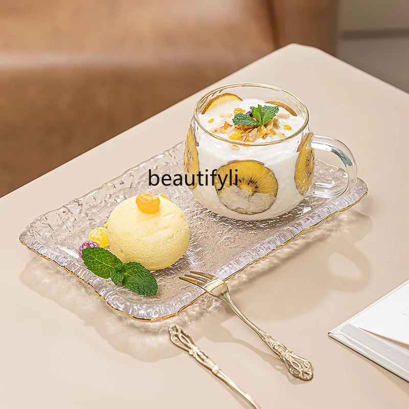 

zqBreakfast Cutlery Bowl and Plates Set Household Glass Oatmeal Bowl Yogurt Cup Japanese Style