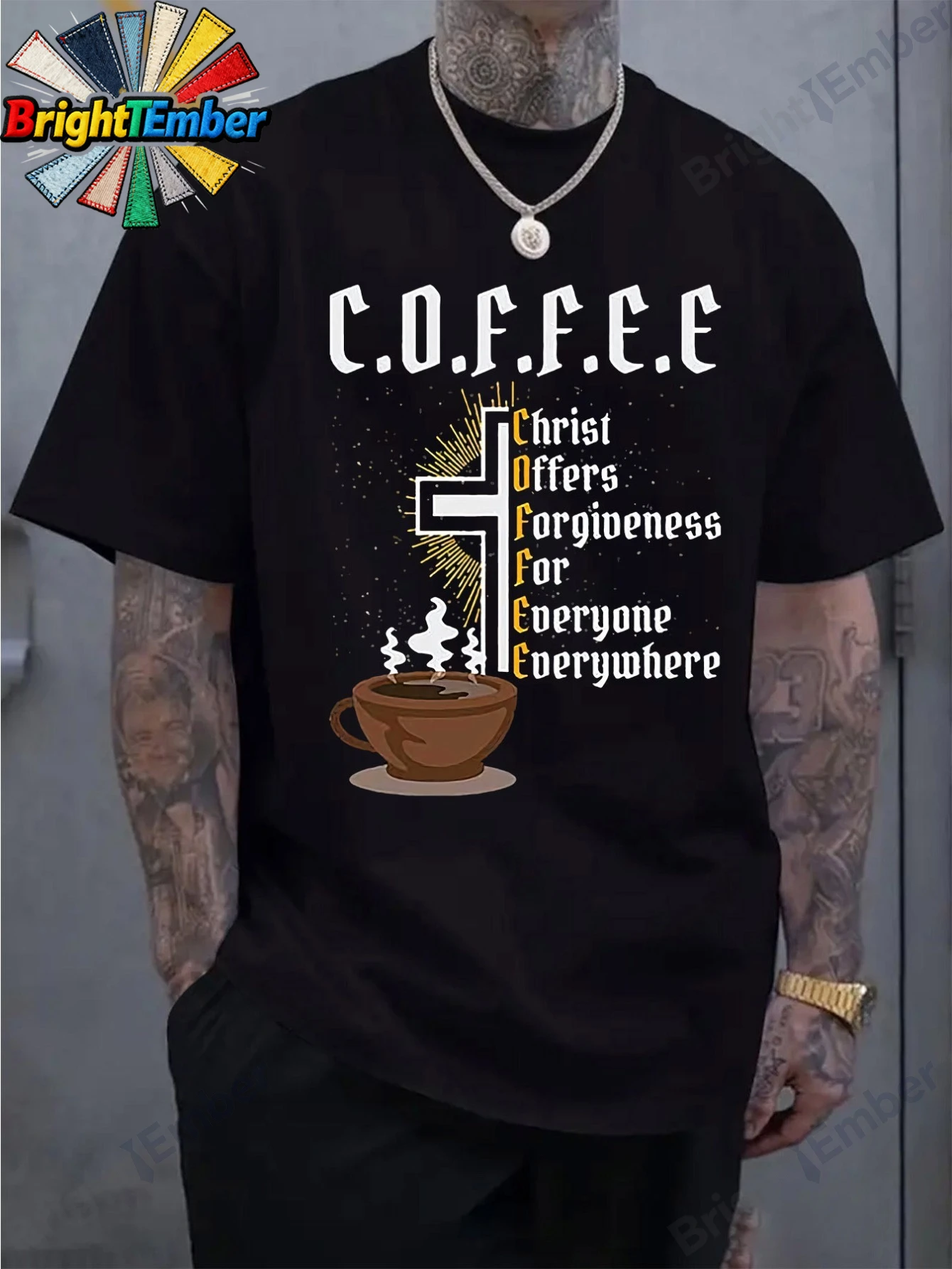 Men's Christian Coffee-Themed T-Shirt - Black Short-Sleeved Crew Neck Shirt with a Print of Christ Forgiving Everyone, Casual Religious Clothing for Spring and Summer, Suitable for Church Activities and Everyday Wear, Machine Washable
