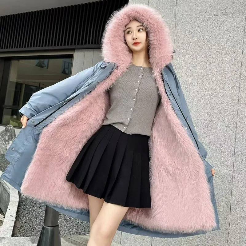 

Новинка 2023 года, свободное пальто из искусственной кожи с воротником из лисьего меха, длинная парка со съемной толстой подкладкой, зимняя женская одежда, молодежная одежда