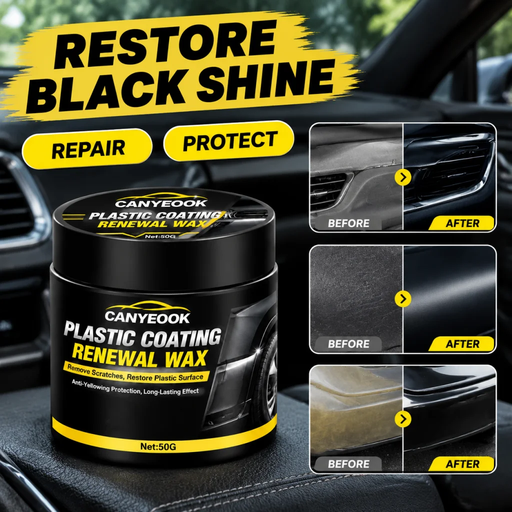 CANYEOOK Plastic Coating Restorer Wax 50g, Restore Black Shine, Remove Scratches on Car Trim Bumpers, Anti-Yellowing Protection