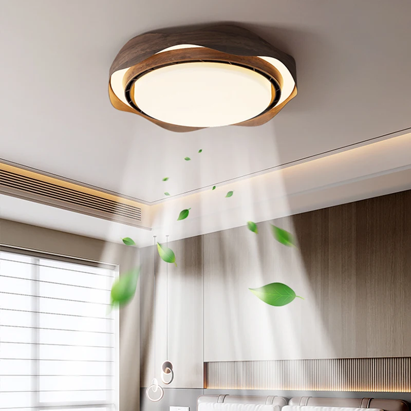 Creative Intelligent Silent Bedroom Leaf Free Fan Ceiling Lamp Invisible Study Fan Ceiling Light Walnut Wood White Color Fixture
