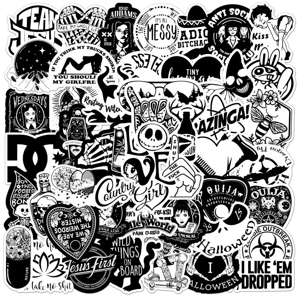 50PCS Black and White Punk Graffiti Motorbike Helmet Stickers Waterproof Rear Trunk Sticker Motorcycle Body Scratch Cover Decals