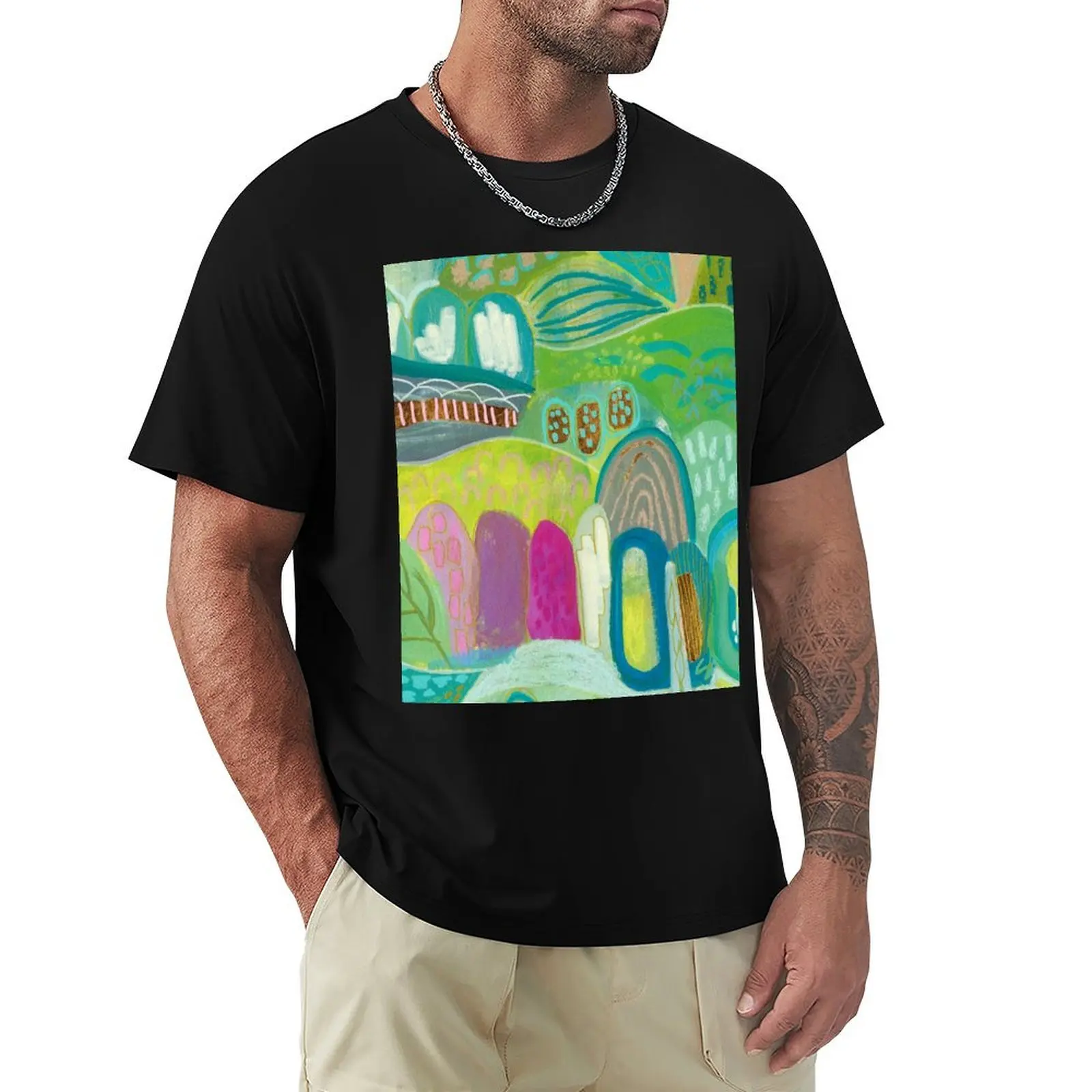 Green Blue Abstract Village T-Shirt Durable Work Wear T-Shirt