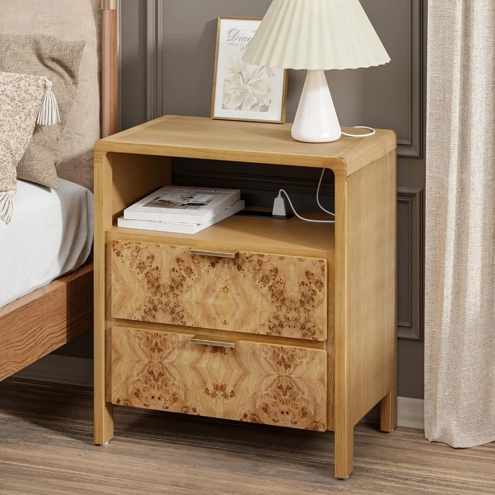 Farmhouse Bedside Table 2-piece Set with Charging Station, Side Table with Power Socket and USB&Type C Ports Bedroom Furniture