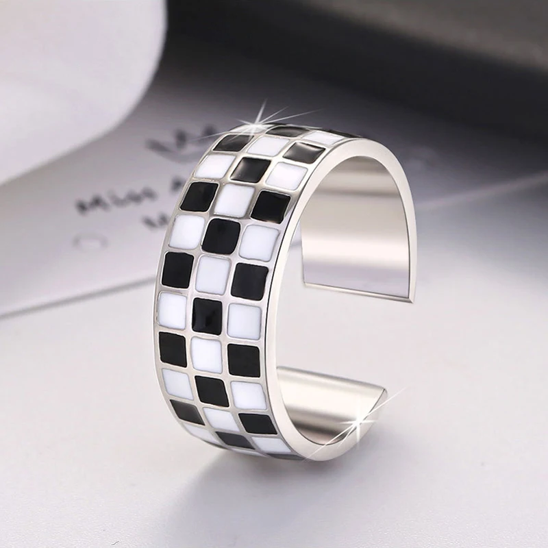 Women's 925 Sterling Silver Black Grid Adjustable Ring, Trendy