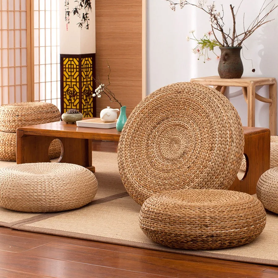 Japanese Style Thicken Futon Meditation Cushion Tatami Rattan Round Yoga Mat Natural Straw Woven Tea Room Home Decor Floor