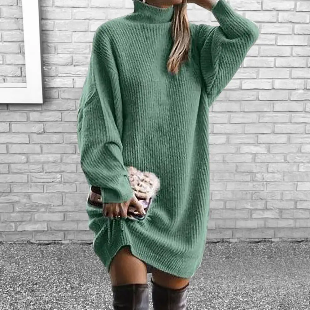 Winter Dress Turtleneck Batwing Long Sleeves Ribbed Warm Sweater Dress Ladies Autumn Winter Knitted Midi Dress