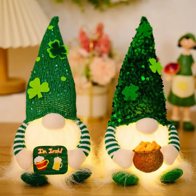 Christmas Luminous Doll Ornaments Saint Patrick's Day Midget Luminous Green Clover Faceless Doll Home Decoration