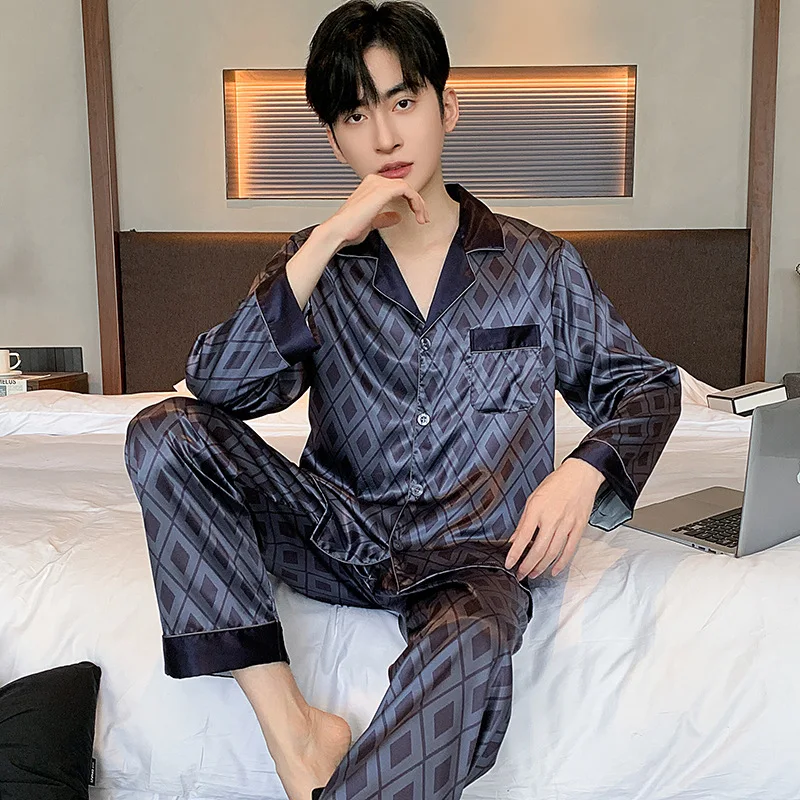 High Quality Men\'s Pajamas Suit Spring Autumn Ice Silk Long sleeved Cardigan Outdoor Satin Sleepwear Male Homeclothes Summer Boy