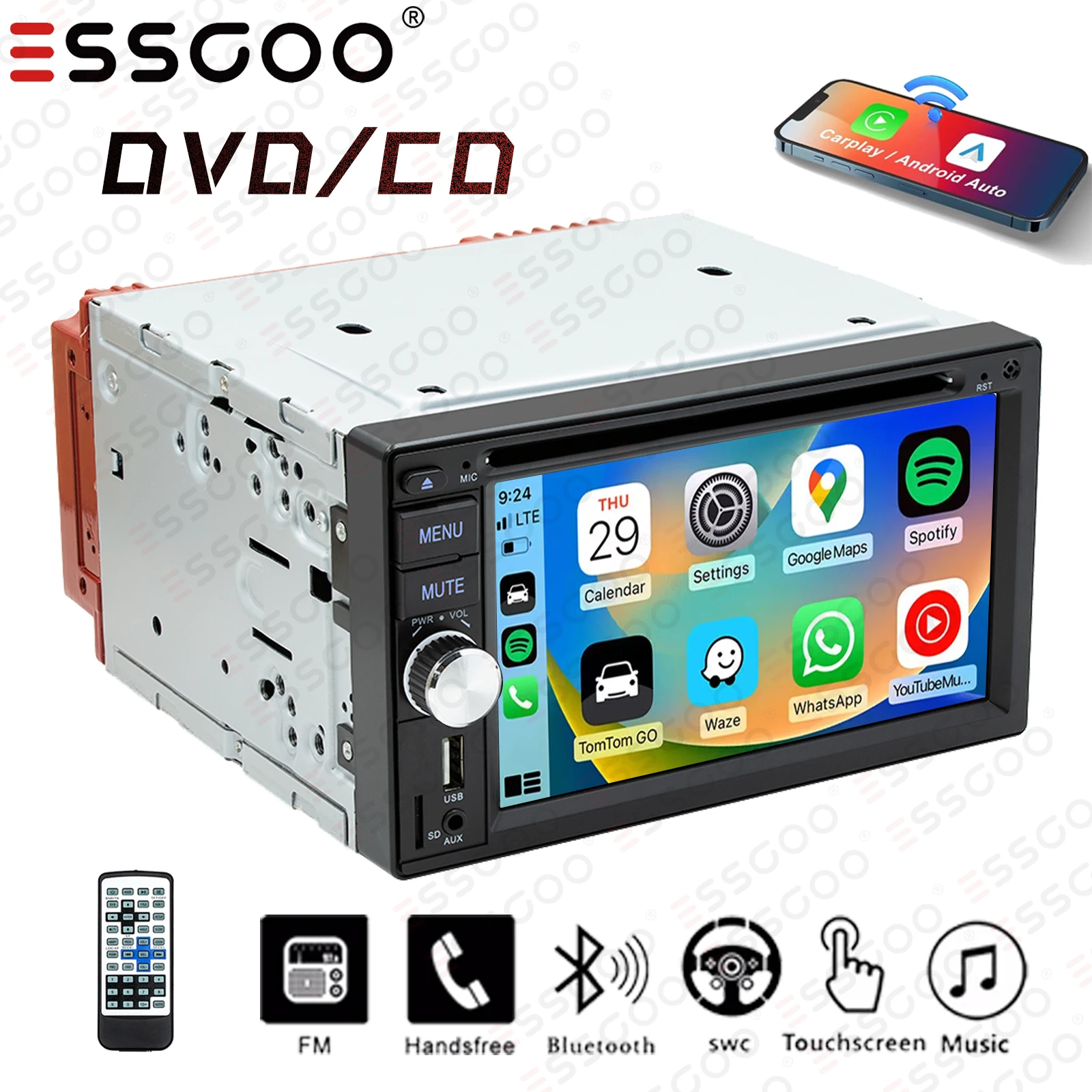 

ESSGOO 6.2" Double 2DIN Apple CarPlay & Android Auto DVD/CD Player Car Stereo Radio USB Bluetooth Head Unit FM/RDS SWC AUX-IN TF