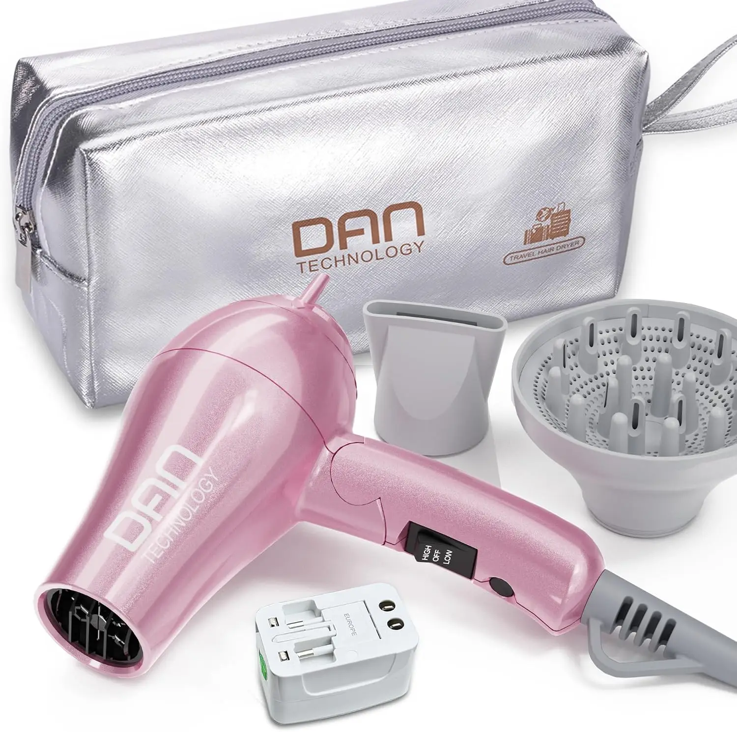 

Auto Dual Voltage Travel Hair Dryer with Diffuser & Concentrator, Compact Folding Blow Dryer for Women, Multi-Plug Adapter Included