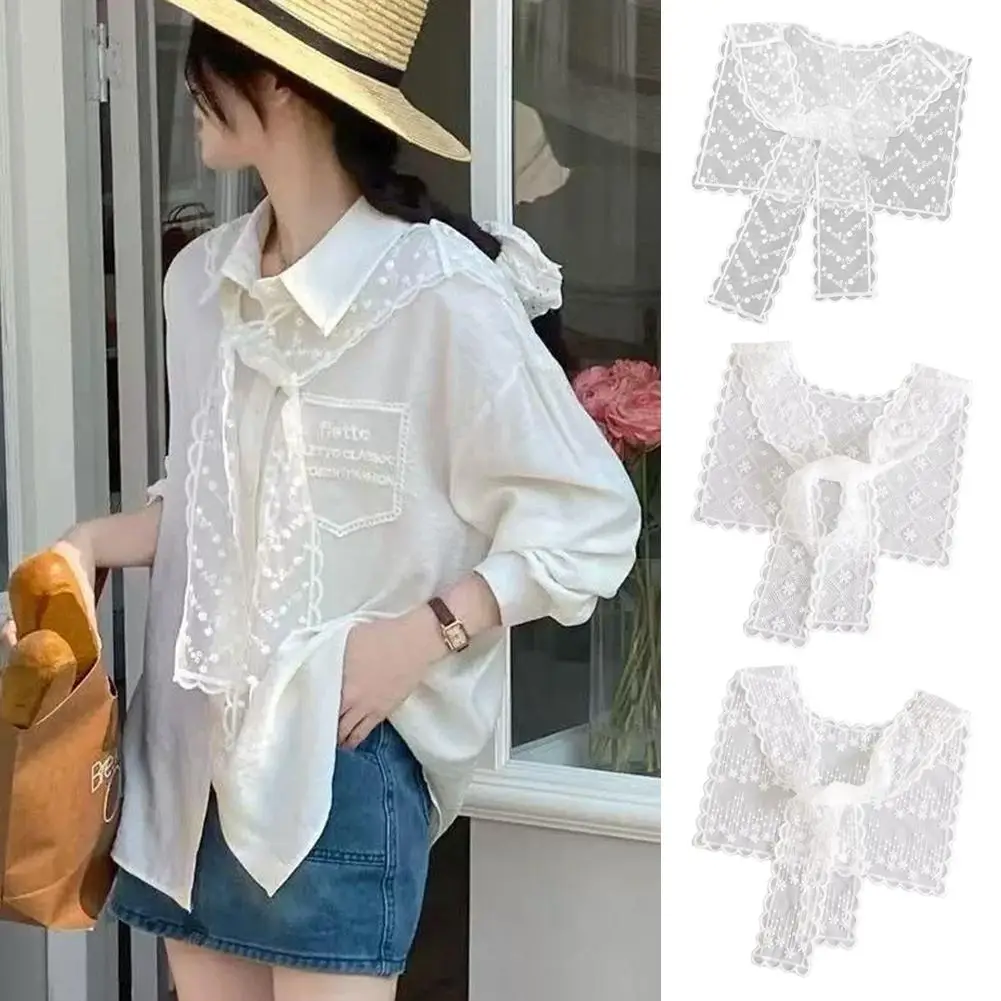 Women Elegant Hollow Lace Mini Shawl Scarf Decorative Collar Wrap Versatile Layering Neck Scarf Shoulder Cape for Shirts Dress
