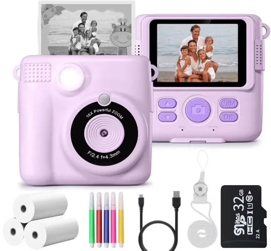 Câmera de impressão instantânea infantil, 1080p, digital, com cartão sd de 32gb, 3 rolos de papel, lápis de cor, melhor presente para meninos e meninas de 6 a 12 anos