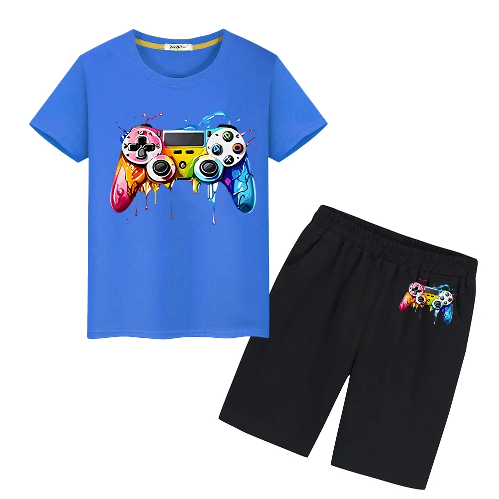 gamepad printing 100%Cotton T-shirt Sports Sets Summer boys girls clothes Cute Tees Kawaii Tshirts Tops+shorts kid holiday gift