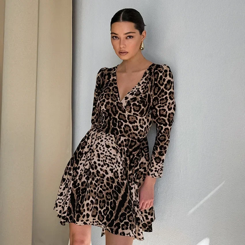 

Sexy Leopard Print Women's A-line Dress Spring/summer V-neck Long-sleeved High-waist Mini Dress Temperament Commuting Clothing