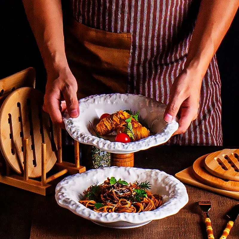 

10 Inches Rock Pattern Ceramic Western Steak Plate Exquisite White Pasta Salad Bowl Kitchen Breakfast Dessert Plate Tableware