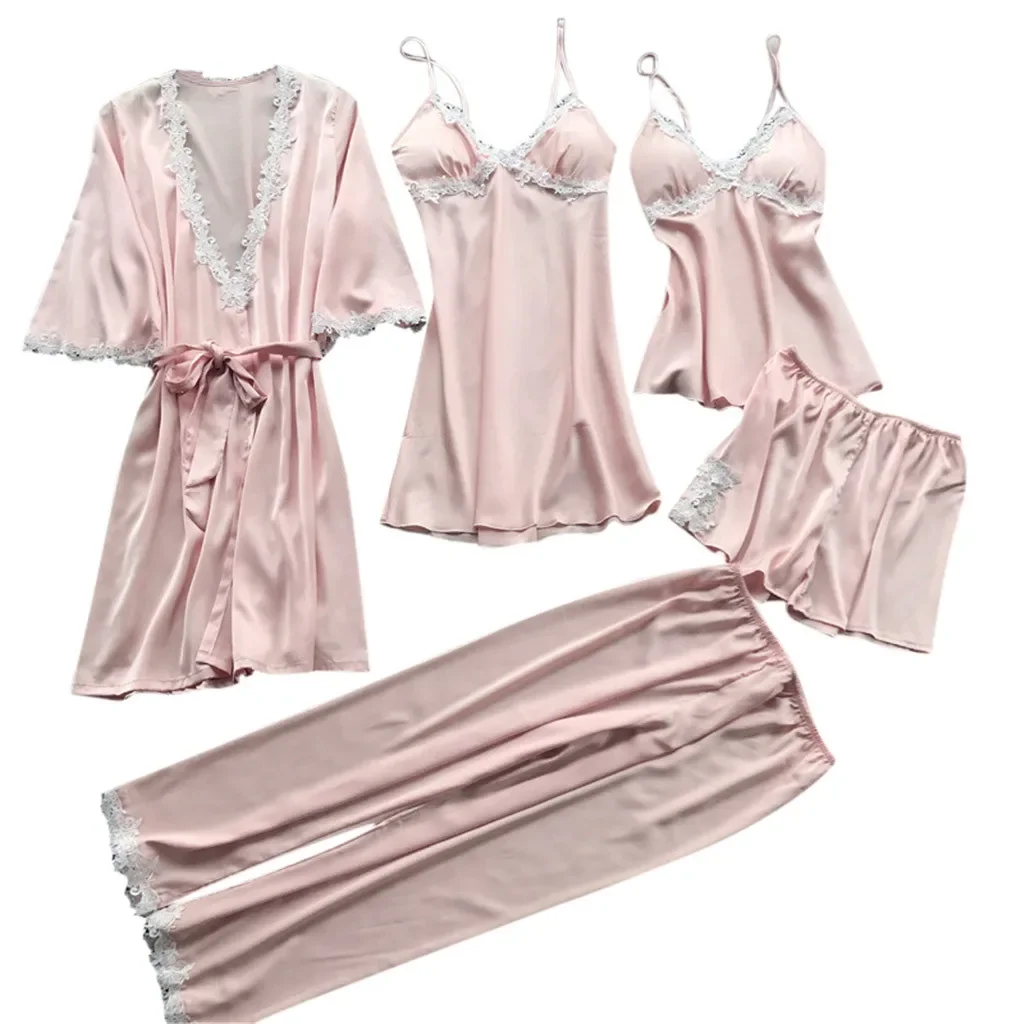 Pyjama sexy cinq pièces pour femmes, chemise de nuit, peignoir, robe de patients, demi-manches, vêtements d'intérieur, grande taille, été, ensemble de 5 pièces