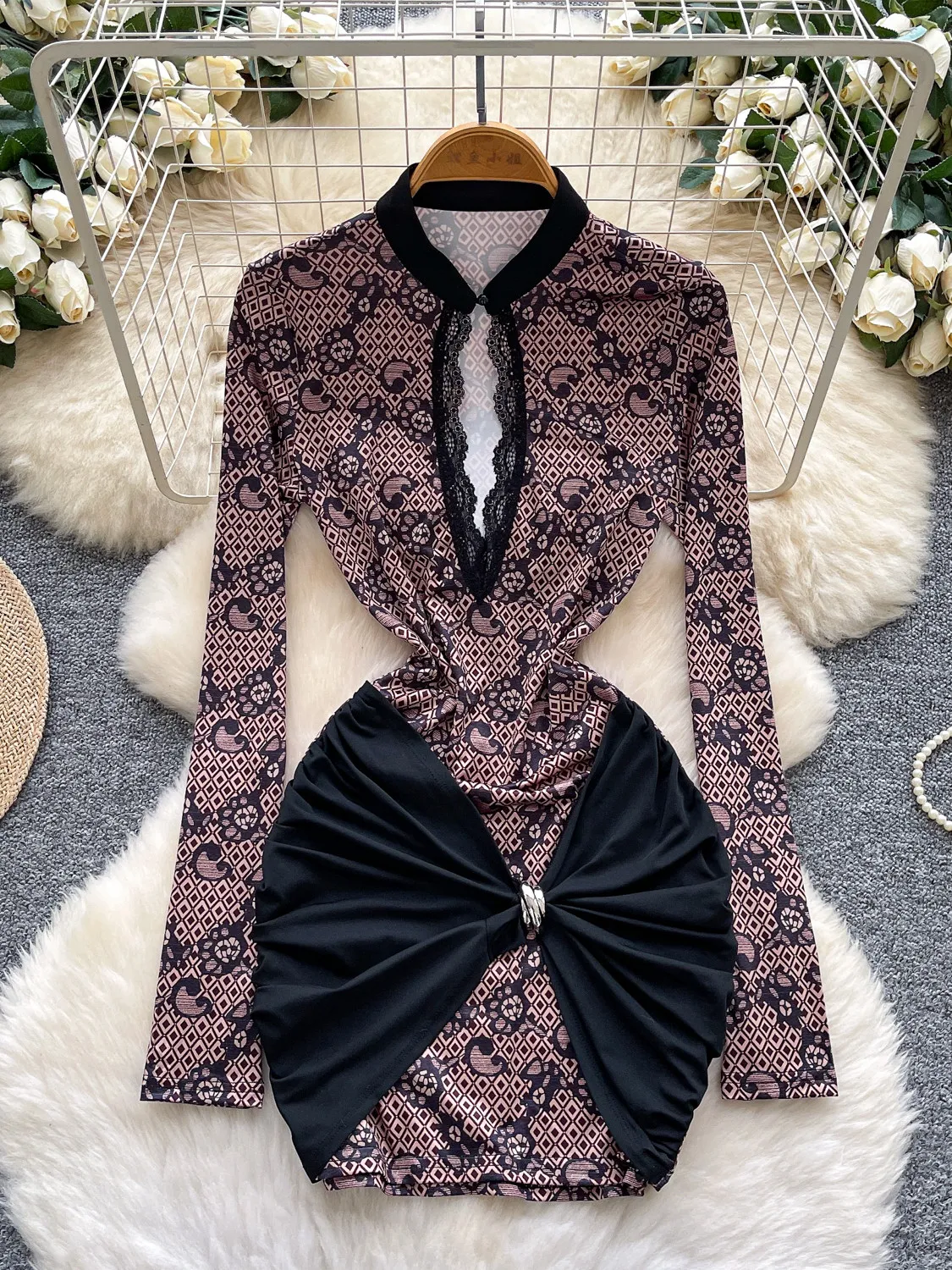 

Foamlina Корейское кружевное мини-платье в стиле ретро, сексуальное облегающее платье с круглым вырезом и длинными рукавами для женщин, элегантное облегающее вечерние клубное платье