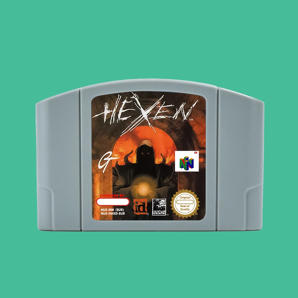 64-битный игровой картридж Hexen, версия NTSC для США или версии EUR PAL для консолей N64