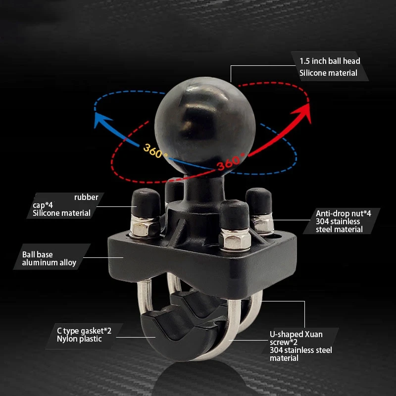 3X Double U-Bolt Motorcycle Bike Handlebar Rail Mount Base With 1.5 Inch Ball For Gopro Camera For Garmin For Sony