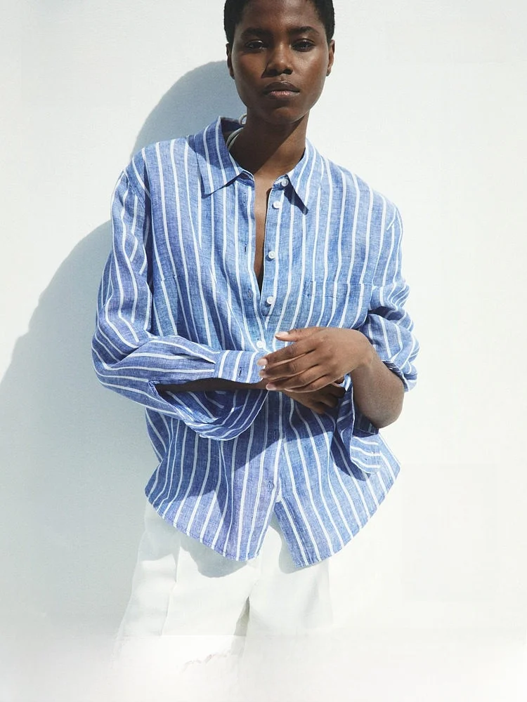 

H&M Women's Linen Shirt Summer 2026 Vacation Stripes Casual Style Long Sleeve Button up Collar Commute Top 1314718