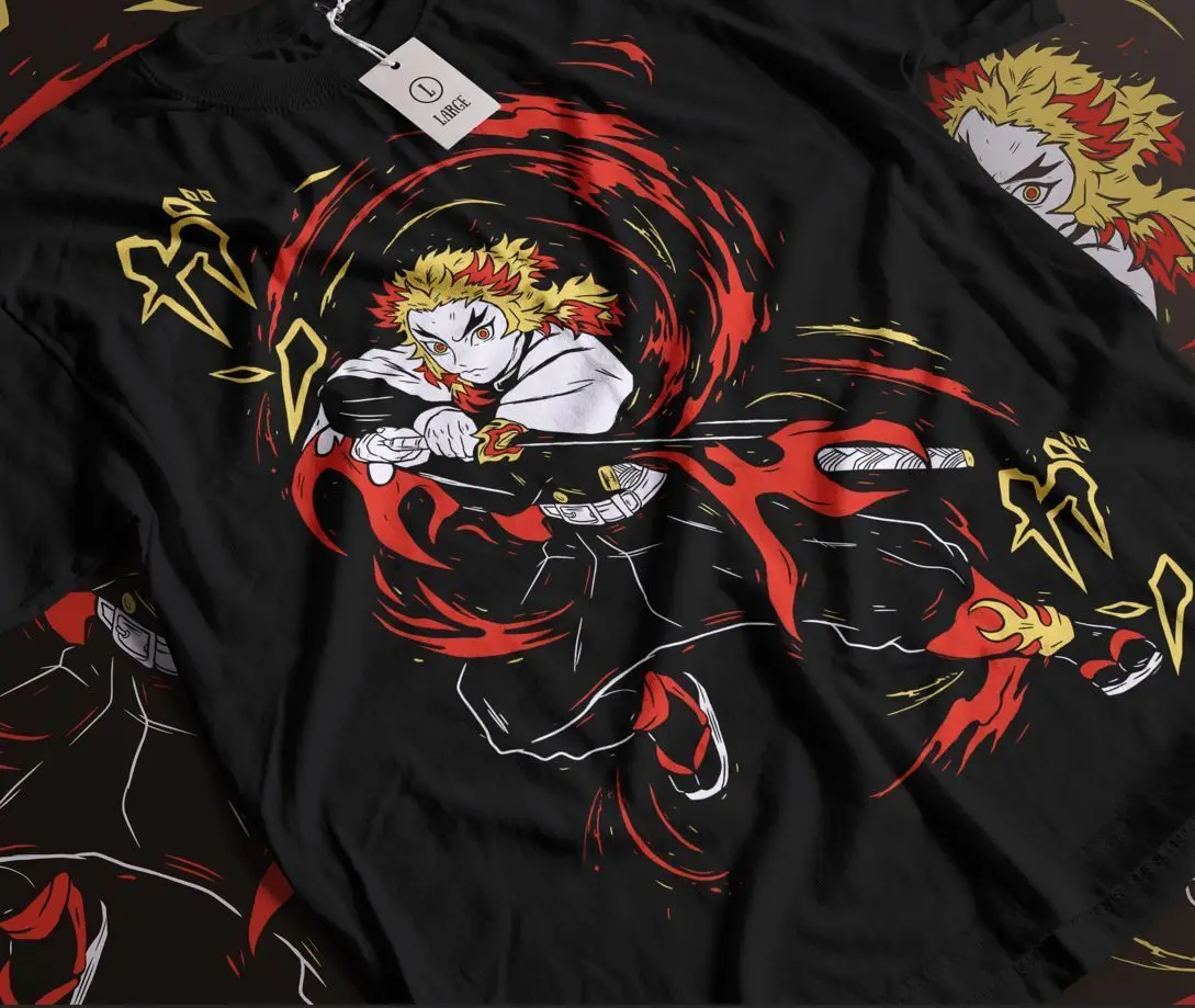 

Kyojuro Rengoku T-Shirt Kimetsu no Yaiba Anime Demon Slayer Black Shirt All Size