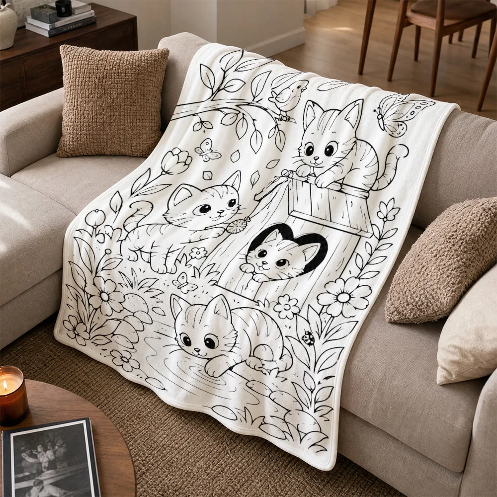 Bohemian Kitten Floral Butterfly Sketch Throw Blanket for Sofa Couch Home Decor Nursery Pet Lover Gift Cozy Line Art Design