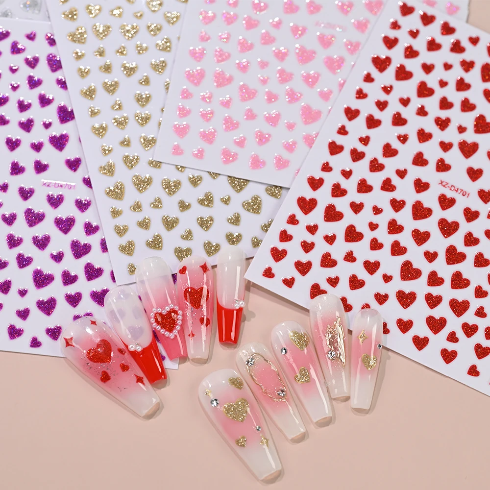 5pcs/set 3D Bling Love Heart Nail Stickers with Glitter shine Multi Size Love Heart Pattern Self-adhesive Nail Decals Decoration