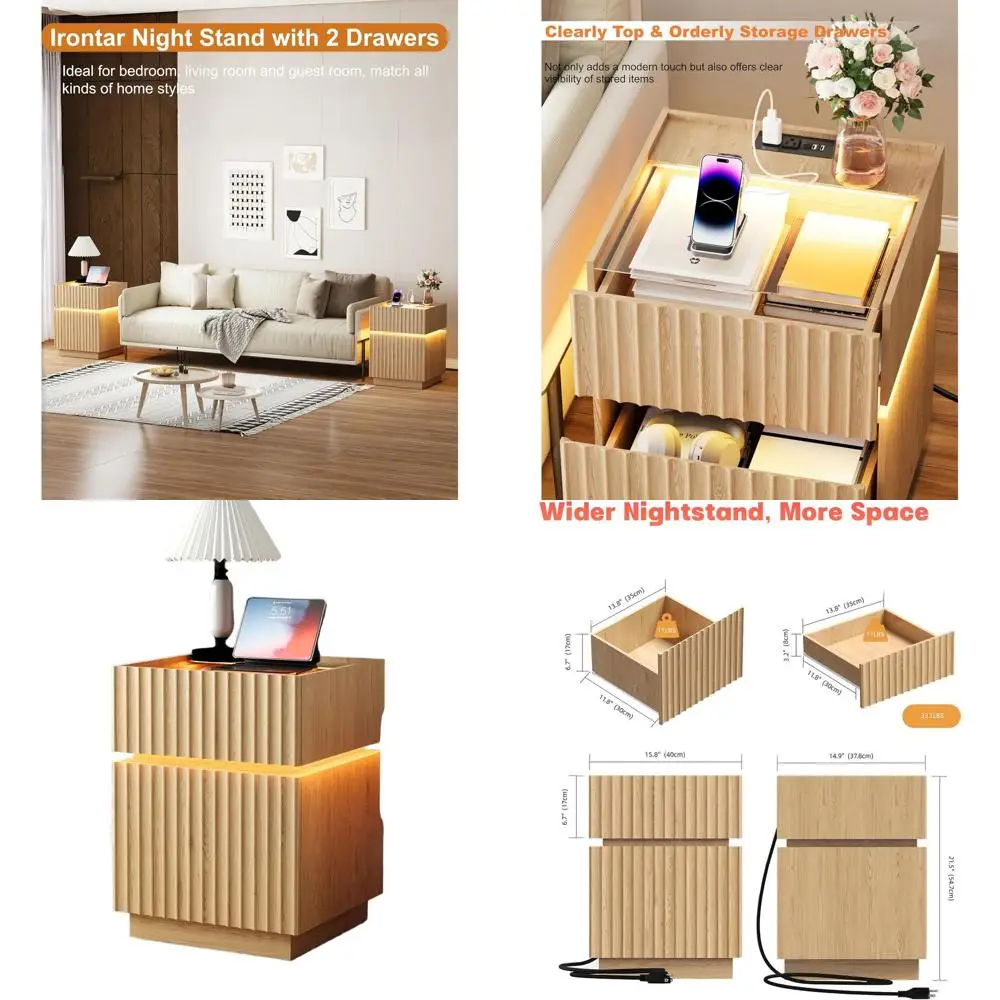 

Маленькая прикроватная тумбочка со светодиодной подсветкой, 2 ящиками, столешницей из закаленного стекла, зарядной станцией, деревянный прикроватный столик для спальни