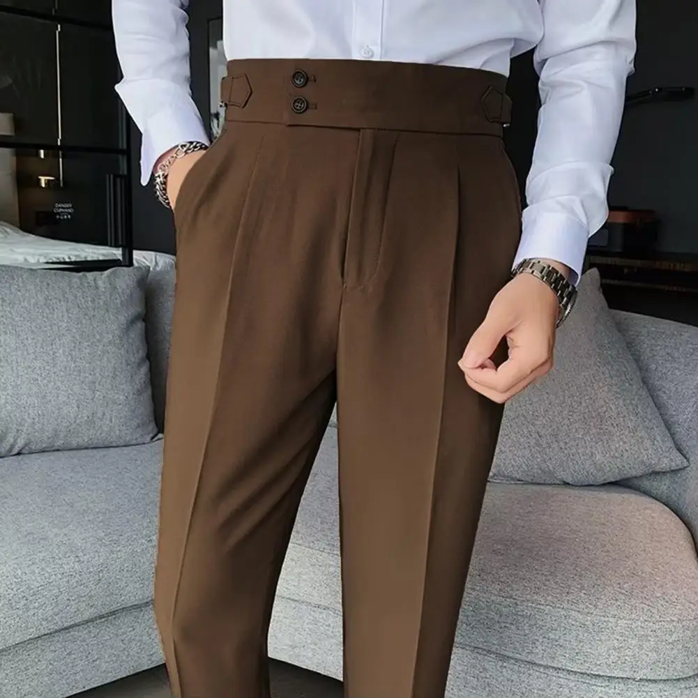 Calças de negócios masculinas estilo jovem formal calças de perna reta fino ajuste cintura alta bolsos vintage calças compridas terno formal