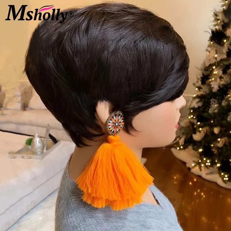 Brazilian Short Bob Pixie Cut Wig Human Hair Straight Natural Black Colored Wig Machine Made Bob Cut Glueless Wig Wear and Go