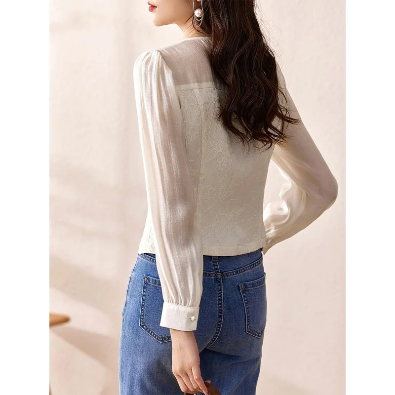 2023 New Spring and Summer Fashion Retro Exquisite Temperament Commuting Minimalist V-neck Jacquard Patchwork Long Sleeved Shirt