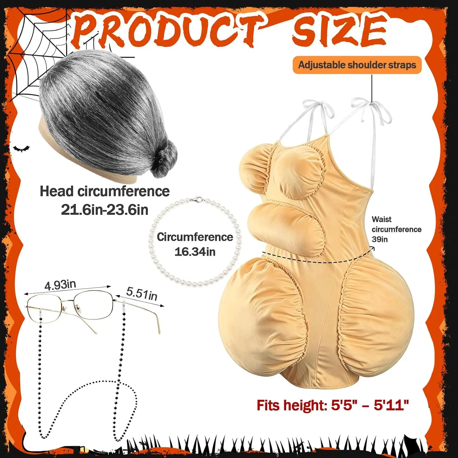 Fat Old Lady Costume Set Fake Belly and Chest Fat Suit for Adults with Grey Wig, Pearl Necklace Glasses Funny Halloween Costume