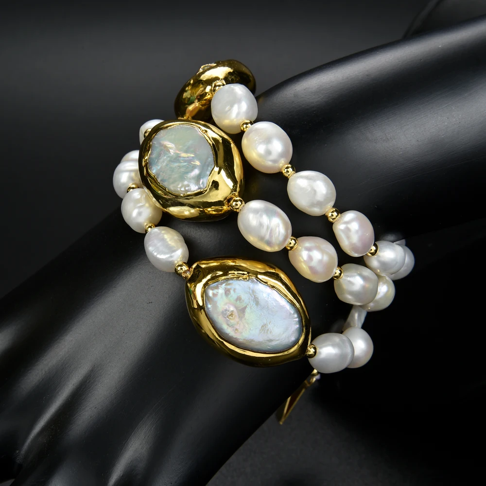 G-G 3 Rows Cultured White Keshi Pearl Bracelet Fashion Aesthetic Jewelry